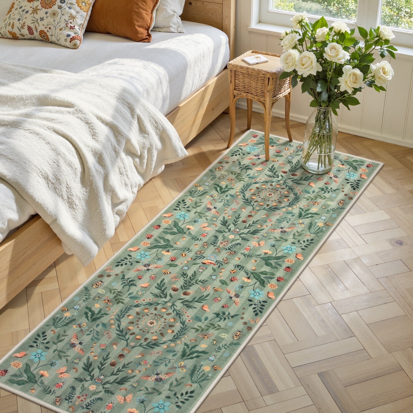 Wonnitar 2x6 Insect Kitchen Runner Rug, Ultra Thin Green Boho Floral Runners for Hallway, Soft Low Pile Washable Runner Rugs, Non Slip Rug Runner for Entryway Laundry