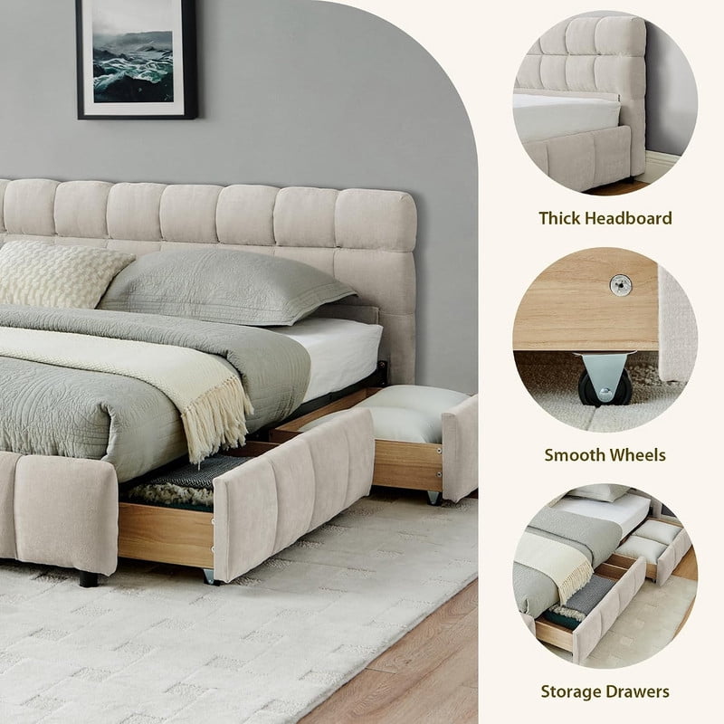 King Size Upholstered Platform Bed with 4 Storage Drawers, Low-Profile Chenille Grounded Bed with Headboard and Solid Frame, No Box Spring Needed