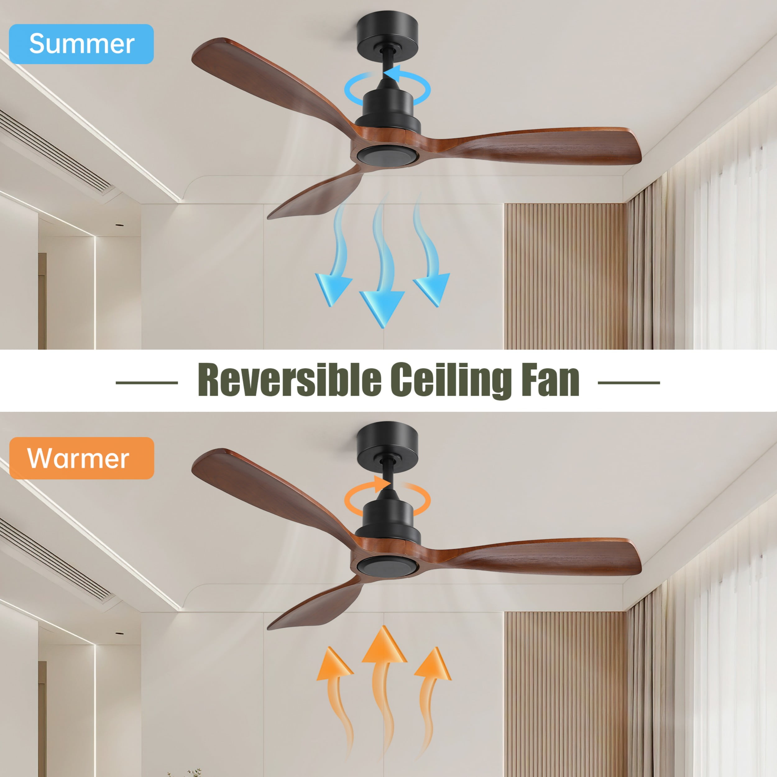 Sofucor 48-Inch Ceiling Fan with No Light, Solid Wood Low-Profile Ceiling Fans with Lights and Remote, Quiet DC Motor, 3-Blade Ceiling Fan for Bedroom, Living Room, Patio