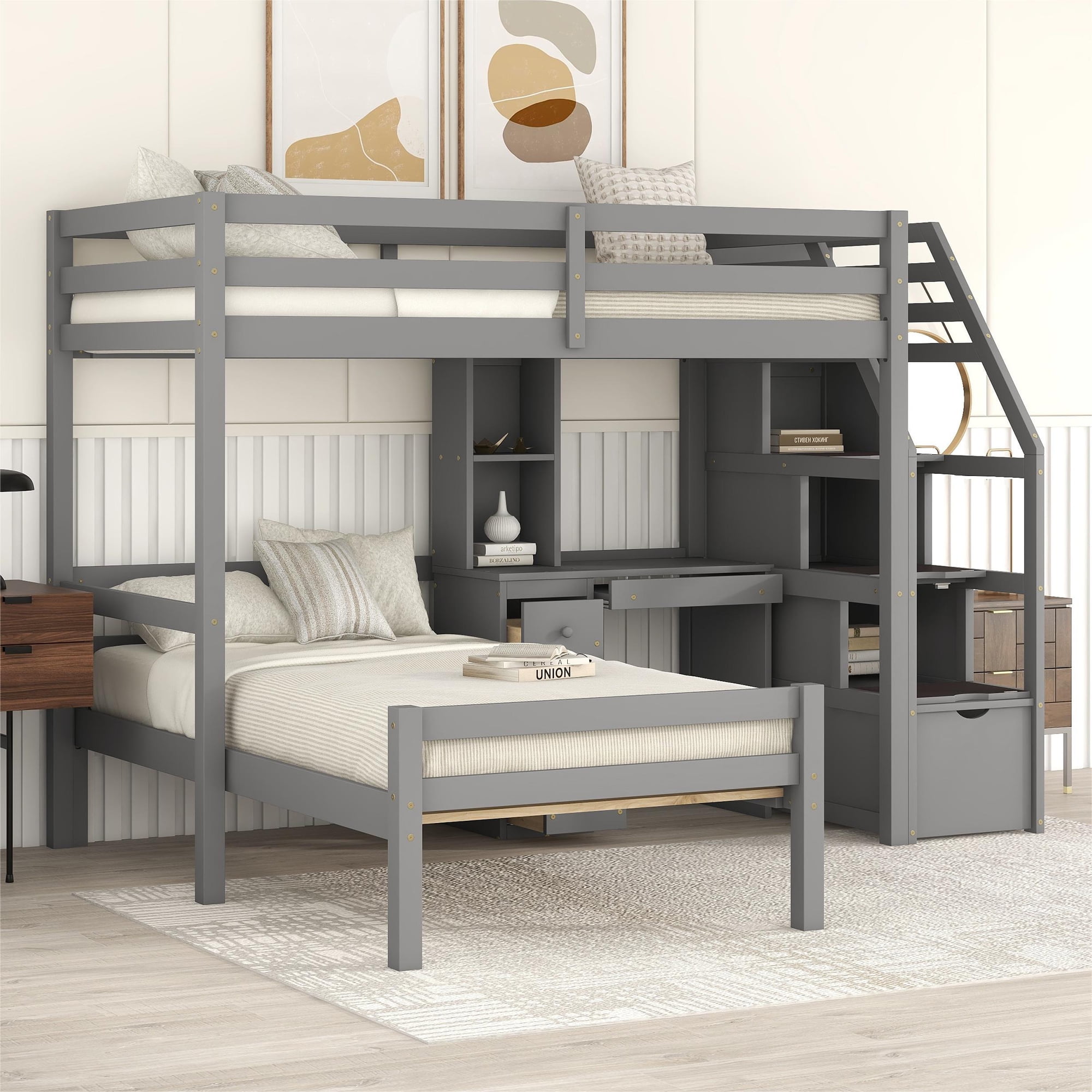 Nestfair Teen/Kids Twin Loft Bed with Twin Platform Bed,Storage