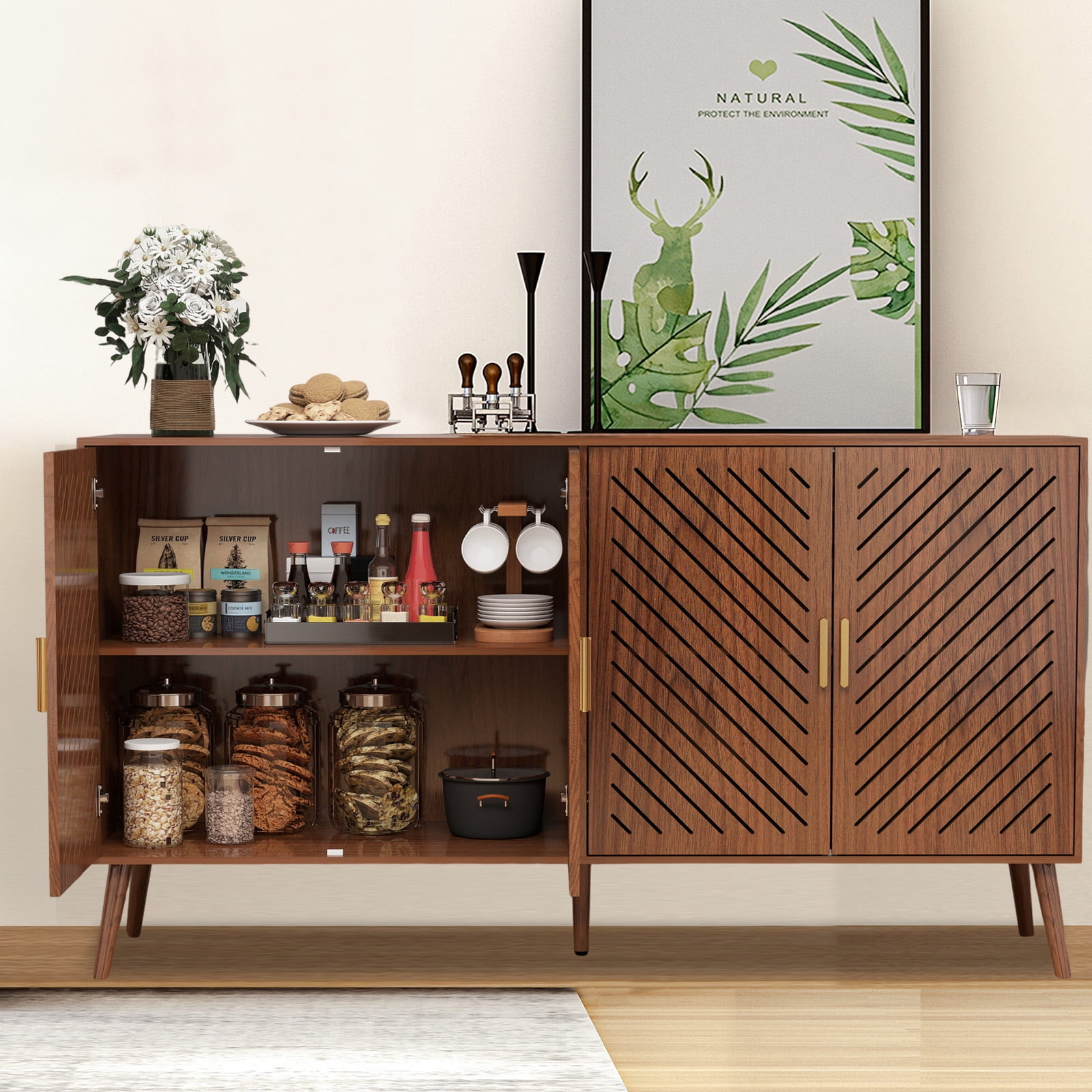 Yeulluey Storage Cabinet with 4 Doors, Kitchen Buffet Sideboard Cabinet,Wood Storage Organizer for Kitchen, Living Room, Dining Room, Brown