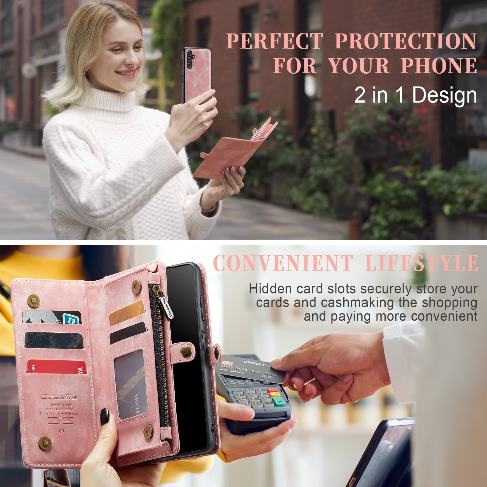 for Samsung Galaxy A16 5G/4G Premium PU Leather Folding Case, Multiple Card Slots Design, Wrist Strap Zipper Pocket Kickstand Magnetic Snap, Wireless Charging for Samsung Galaxy A16 5G/4G, Pink