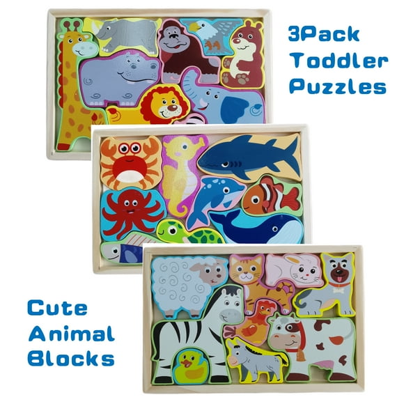 Toddlers Montessori Wooden Animal Puzzle Toys for Baby Boys Girls Gifts, Cute Animal Puzzles for Kids, Learning Educational Toys for Toddler 2 3 4 Years Old,Wood Baby Toys & Puzzles, 3 Pack