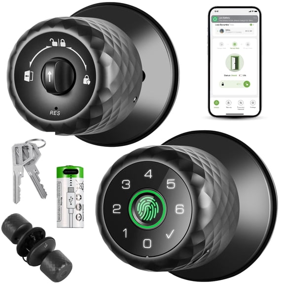Smart Electronic Fingerprint Keypad Door Lock, Smart Biometric Door Knob Support 15M App Control & Auto Lock, 4-in-1 Upgraded Door Lock with 2Keys for Home Office Apartment, Grey(Diameter 2.28")