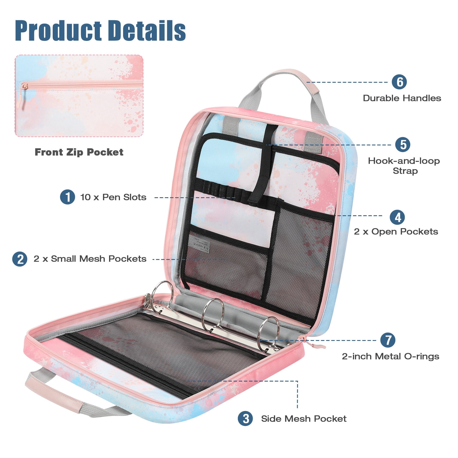 MoKo Zipper Binder, 2 in 3 Ring Binder with Zipper, 500 Sheet Capacity Binder with Shoulder Strap Handle for Middle School Supplies, Orange Pink