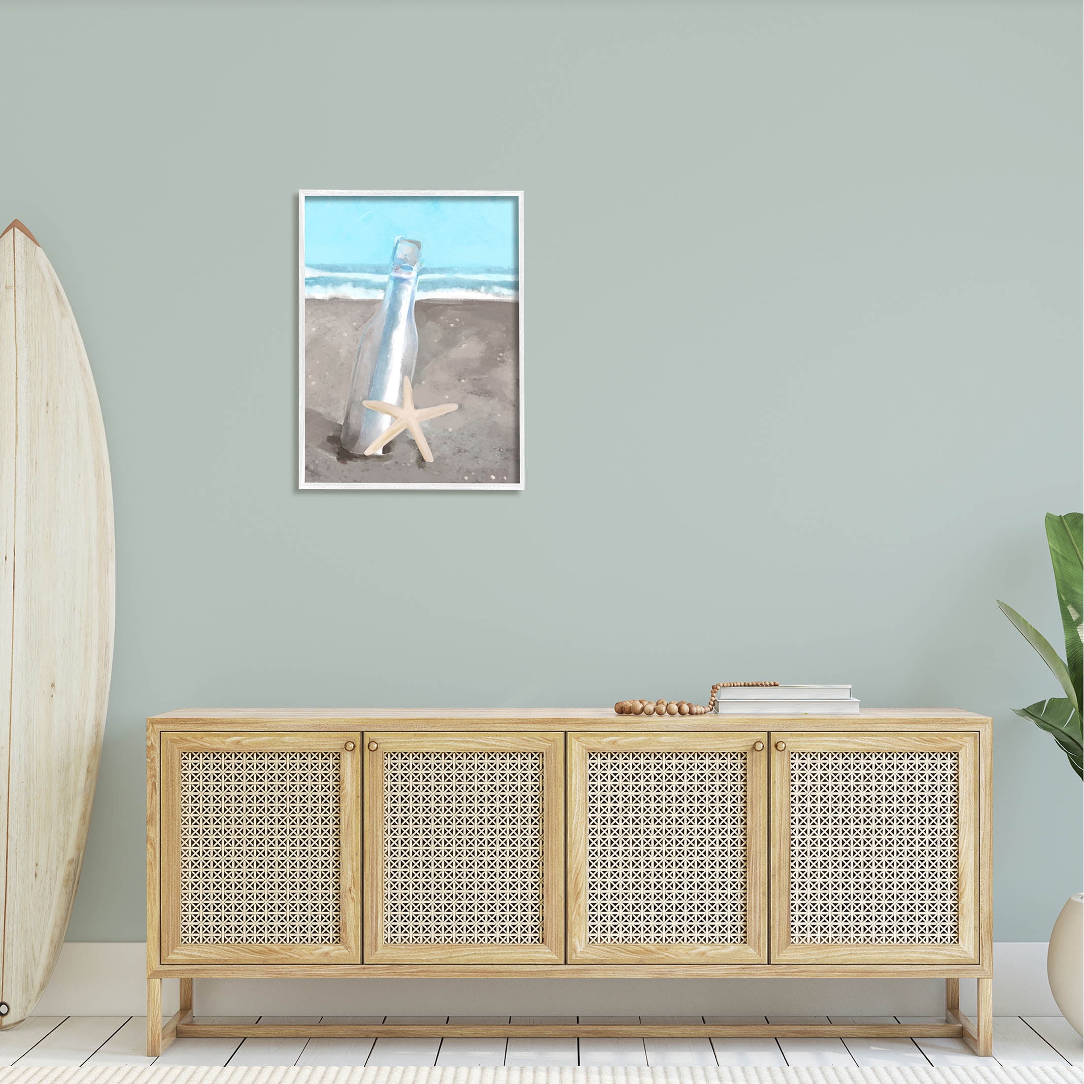 Message Bottle Beach Shore Coastal Graphic Art White Framed Art Print Wall Art