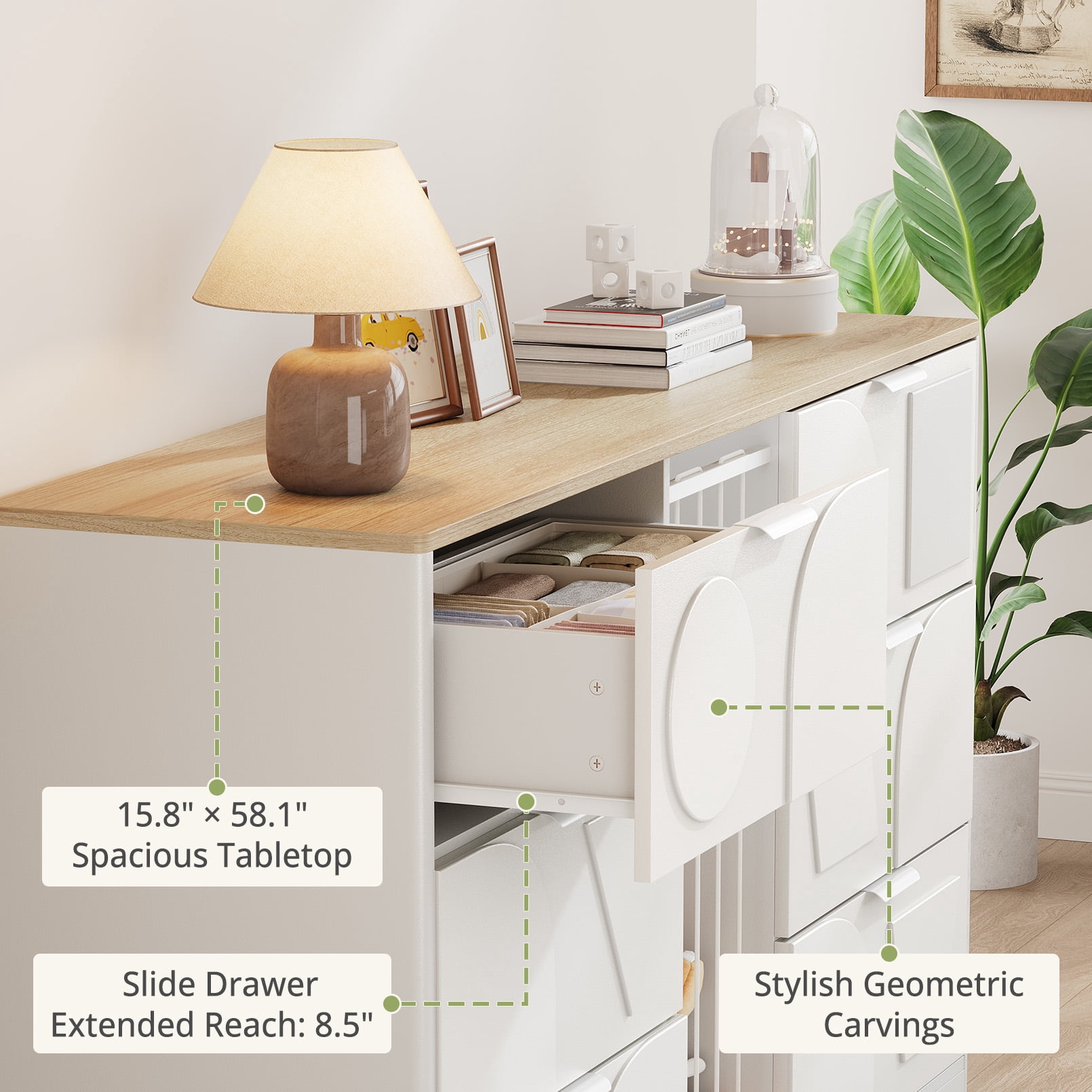6 Drawer Dresser for Bedroom, 58.1" Wide Wooden Dresser with Geometric Patterns for Kids, Large Dressers & Chests of Drawers for Storing Toys and Yoga Mat, White Dresser