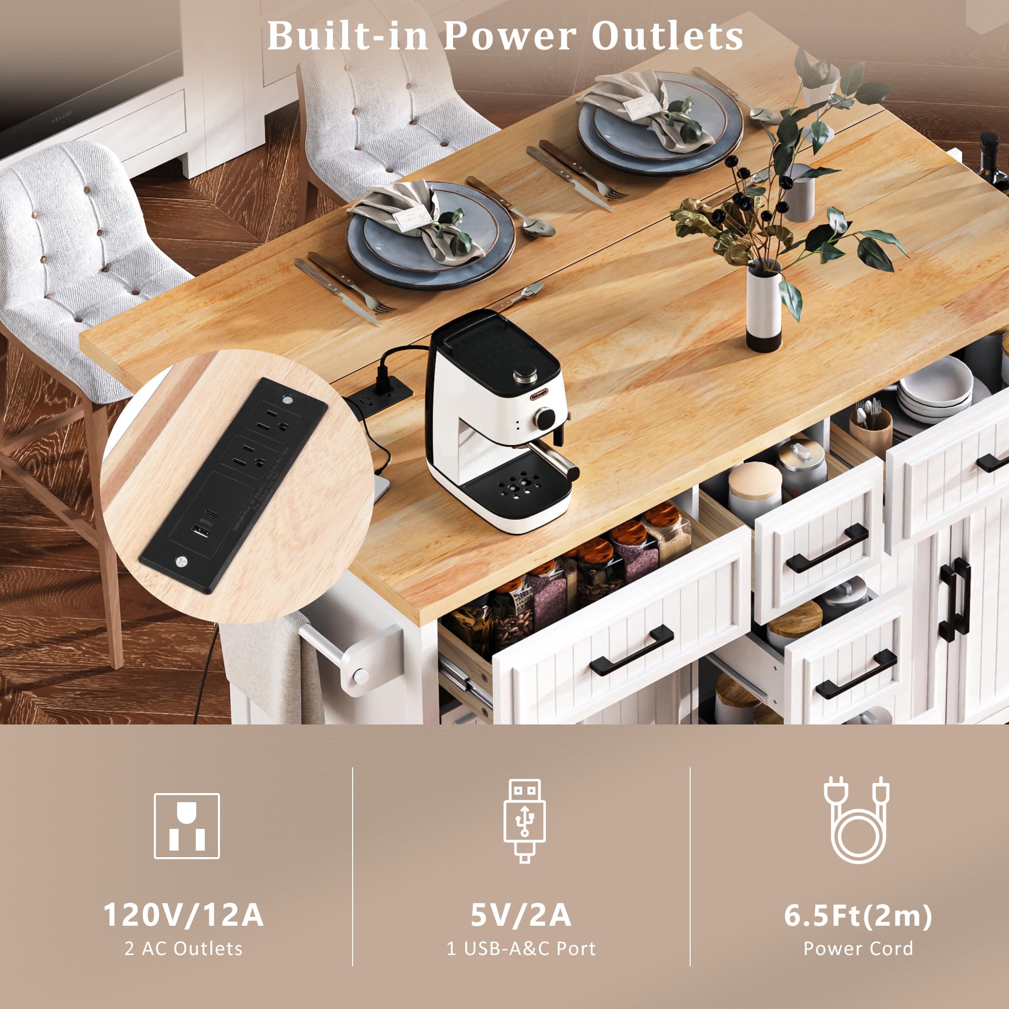 Mintazer 56.5" Vertical Stripe Kitchen Island Cart with Drop Leaf & Power Outlet and Adjustable Shelves, Rolling Kitchen Island Table with 5 Drawers, 2 Cabinets & Spice Rack for Dining Room, White