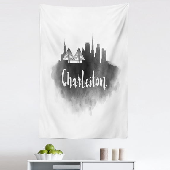 Charleston Tapestry, Smoky Style City Skyline Simplistic Illustration Modern Graphic Design, Fabric Wall Hanging Decor for Bedroom Living Room Dorm, 5 Sizes, Charcoal Grey White, by Ambesonne