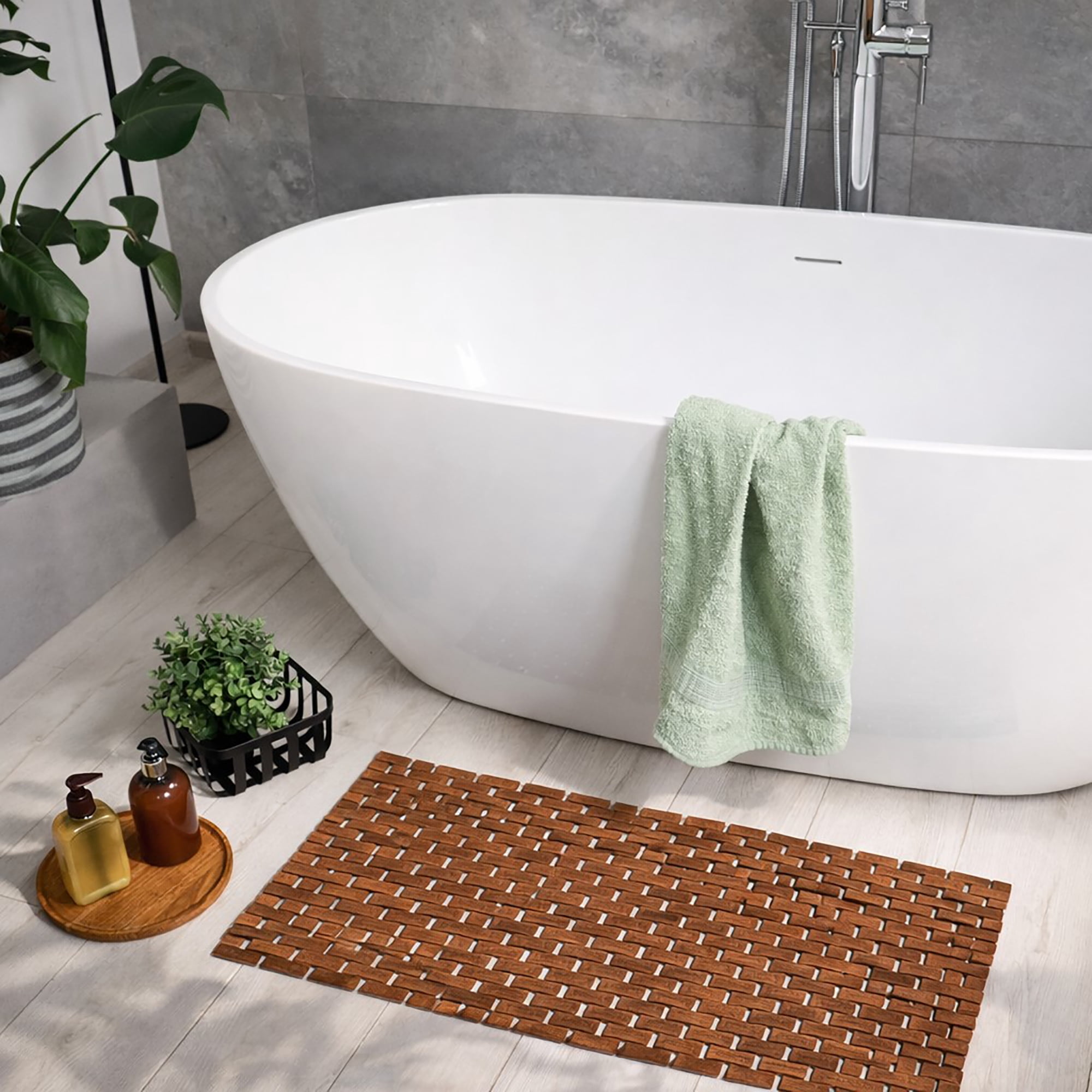 Evideco French Home Goods Slats Bamboo Mat Contemporary Brown Bamboo Bath Rugs, 40"L x 18"W, Non-Slip Backing