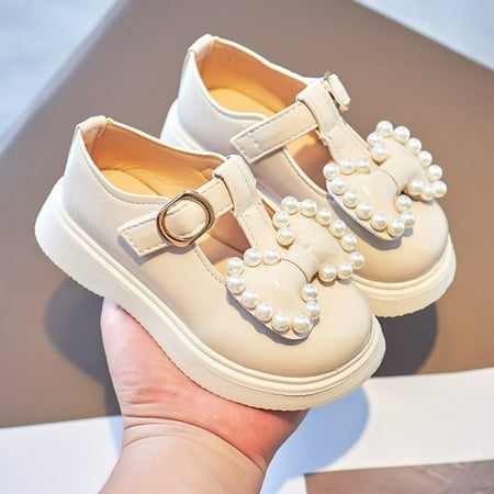 

Spring Autumn Girls Leather Shoes with Bow-knot Pearls Beading Princess Sweet Cute Soft Comfortable Children Flats Kids Shoes