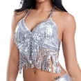 thumbnail image 6 of Felirenzacia Women's Sequined Tassel Fringe Halter Tank Top, Belly Dance Sparkly Glitter Camisole, Silver,Free Size, 6 of 8