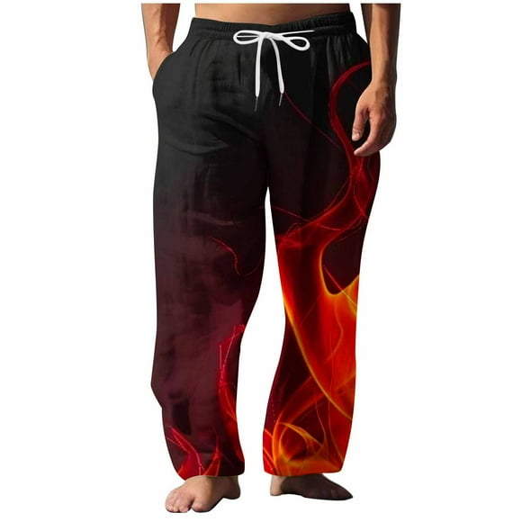 Red Mens Beach Casual Trousers Pants Pajama PJ for Man Fire Graphic Loose Fit Hawaiian Flared Bell Bottom 2025 Clothing Fashion M