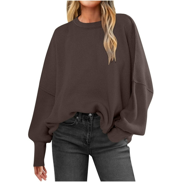 Chandails Tricotés pour Femmes, Chandail en Tricot à Col Rond Uni à Manches Longues pour Femmes, Chandails d'Hiver pour Femmes