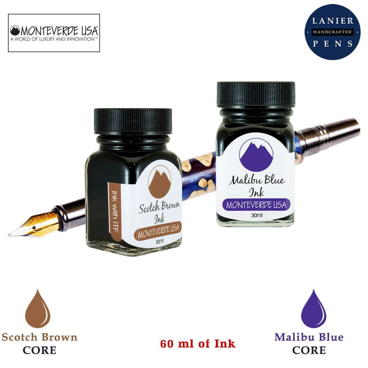 Monteverde 60ml Core Fountain Pen Ink Bottle (30ml Scotch Brown Ink Bottle G309SB, 30ml Malibu Blue Ink Bottle G309MU)