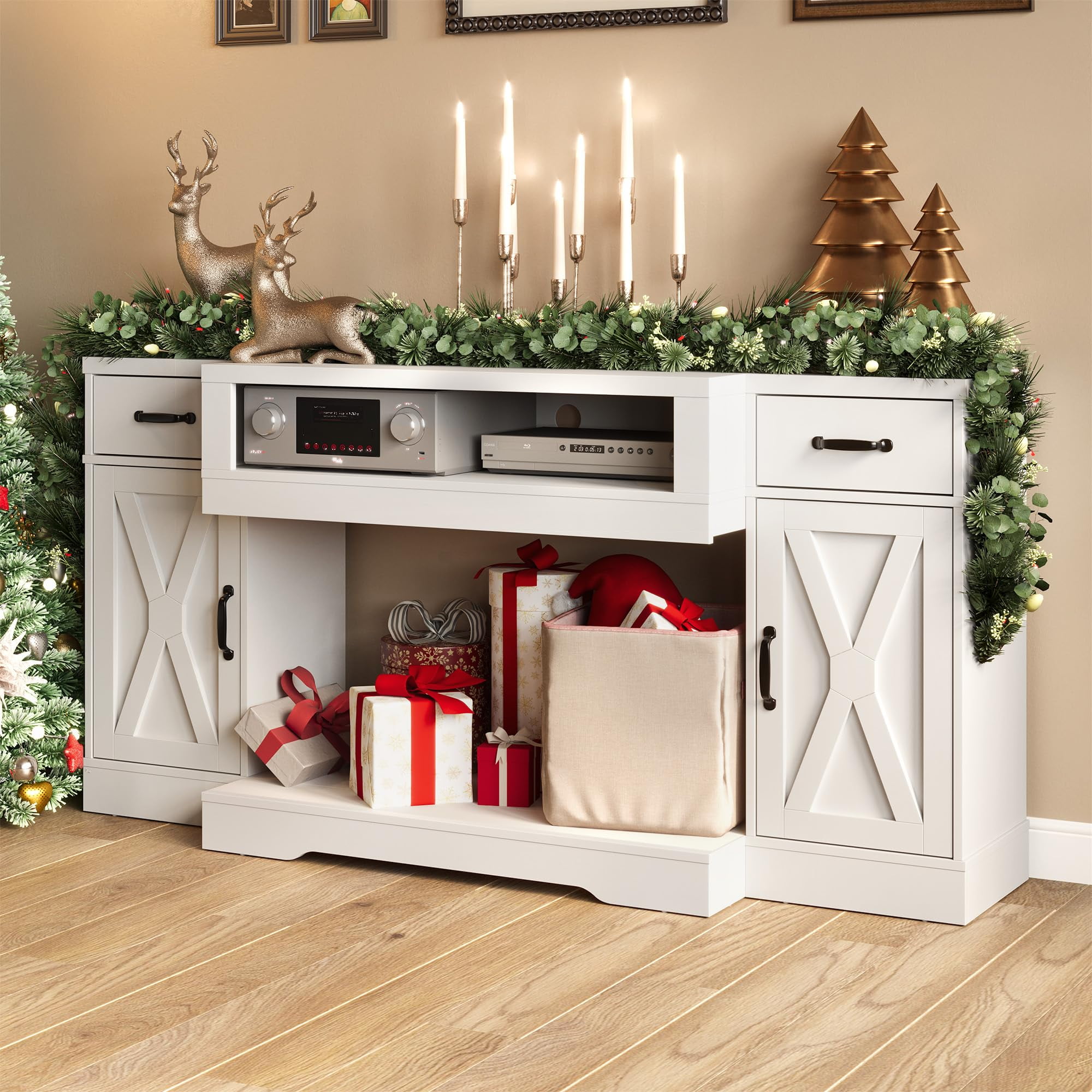 Heynemo TV Stands for TVs up to 75'', Farmhouse Media Console Table with Adjustable Shelves, Double-door Design, Entertainment Center for Living Room, Study Room, Bedroom, White