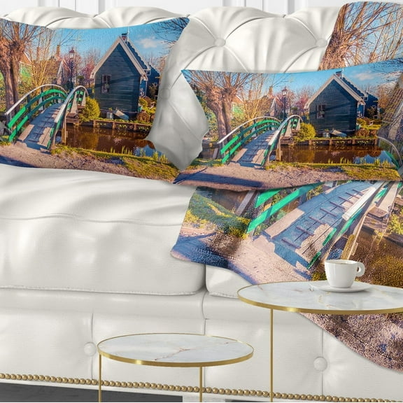 Designart Dutch Buildings in Zaanstad Village - Landscape Printed Throw Pillow - 12x20