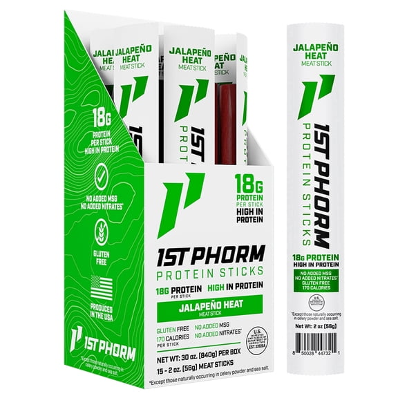 1st Phorm Protein Meat Sticks, Jalapeño Heat Flavor, 18g Protein Per 2 oz. Stick (15 Count)