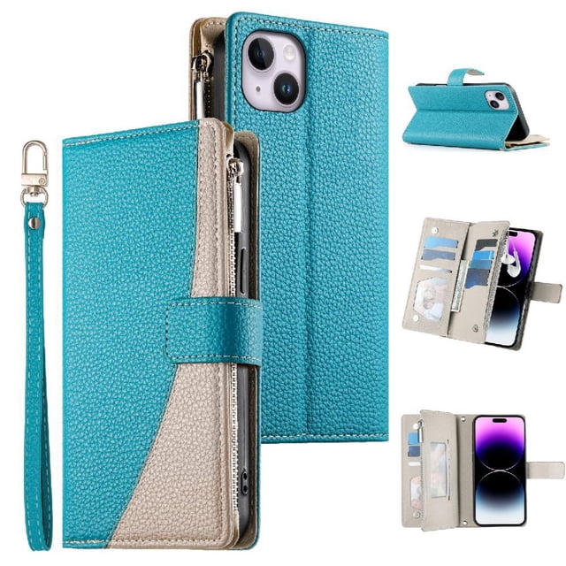 Funda cartera GANGXUN para iPhone 14 Plus , cuero PU con tarjetero, cremallera, correa de mano, soporte y protección 672°