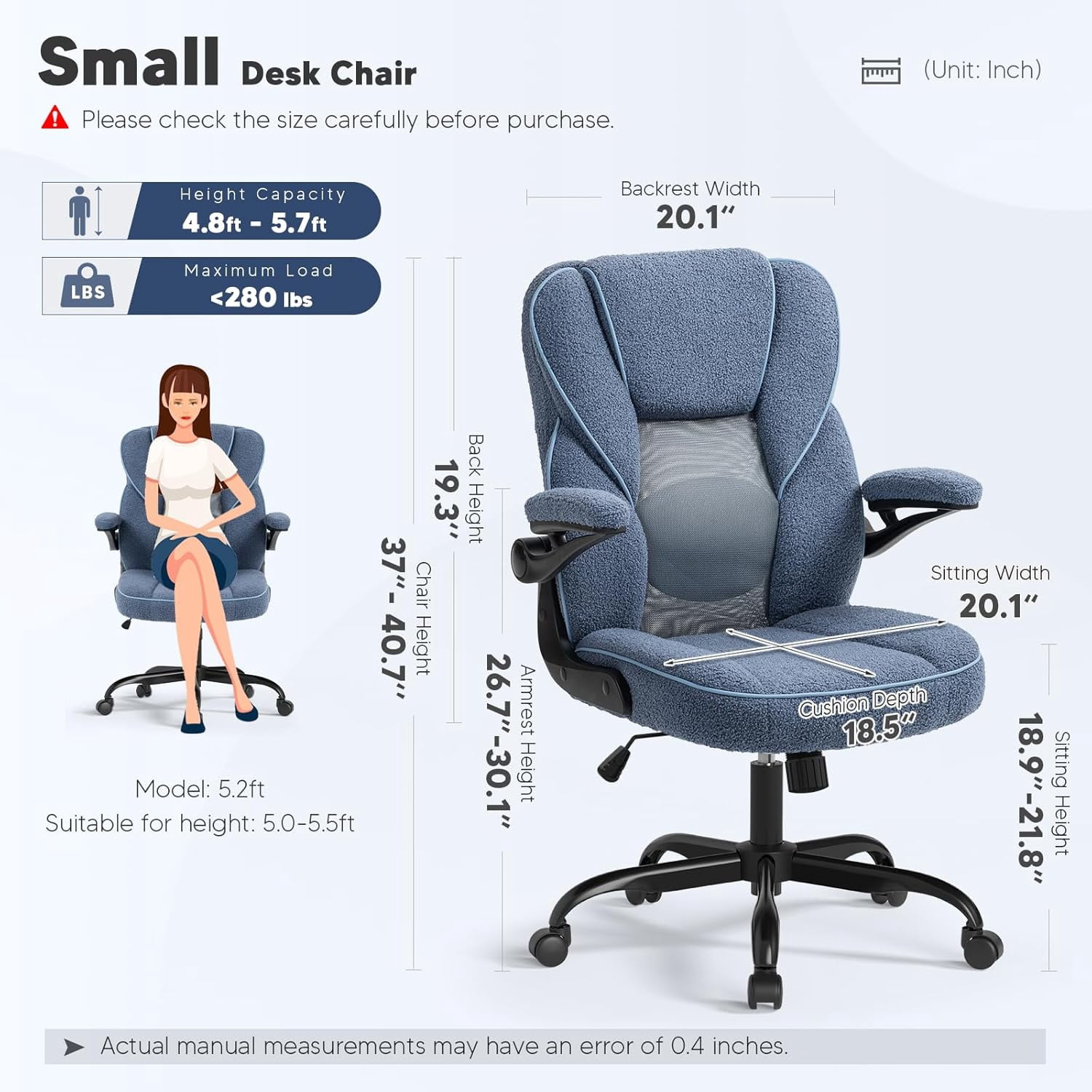SEATZONE Home Office Desk Chairs with Wheels and Armrests,Office Chair Comfortable Ergonomic Mesh with Teddy Fleece Fabric Executive Computer Chairs for Adults and Teens,Blue