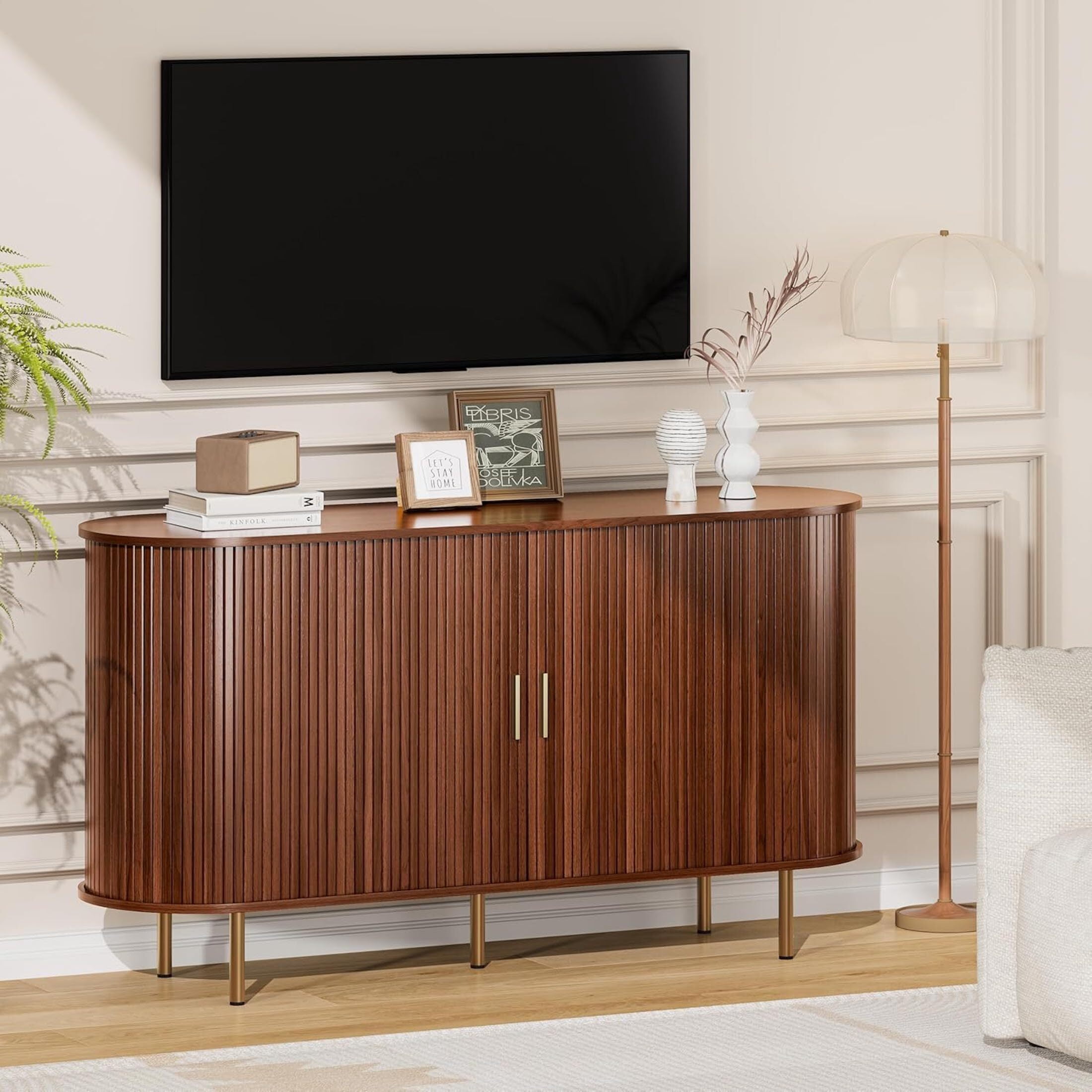 Aisword Sideboard Buffet Cabinet with Storage,Mid Century Modern Fluted Accent Coffee Bar Console Table,Tambour Sliding Doors& Adjustable Shelf for Kitchen, Living Room, Entryway, 55 Inch Walnut