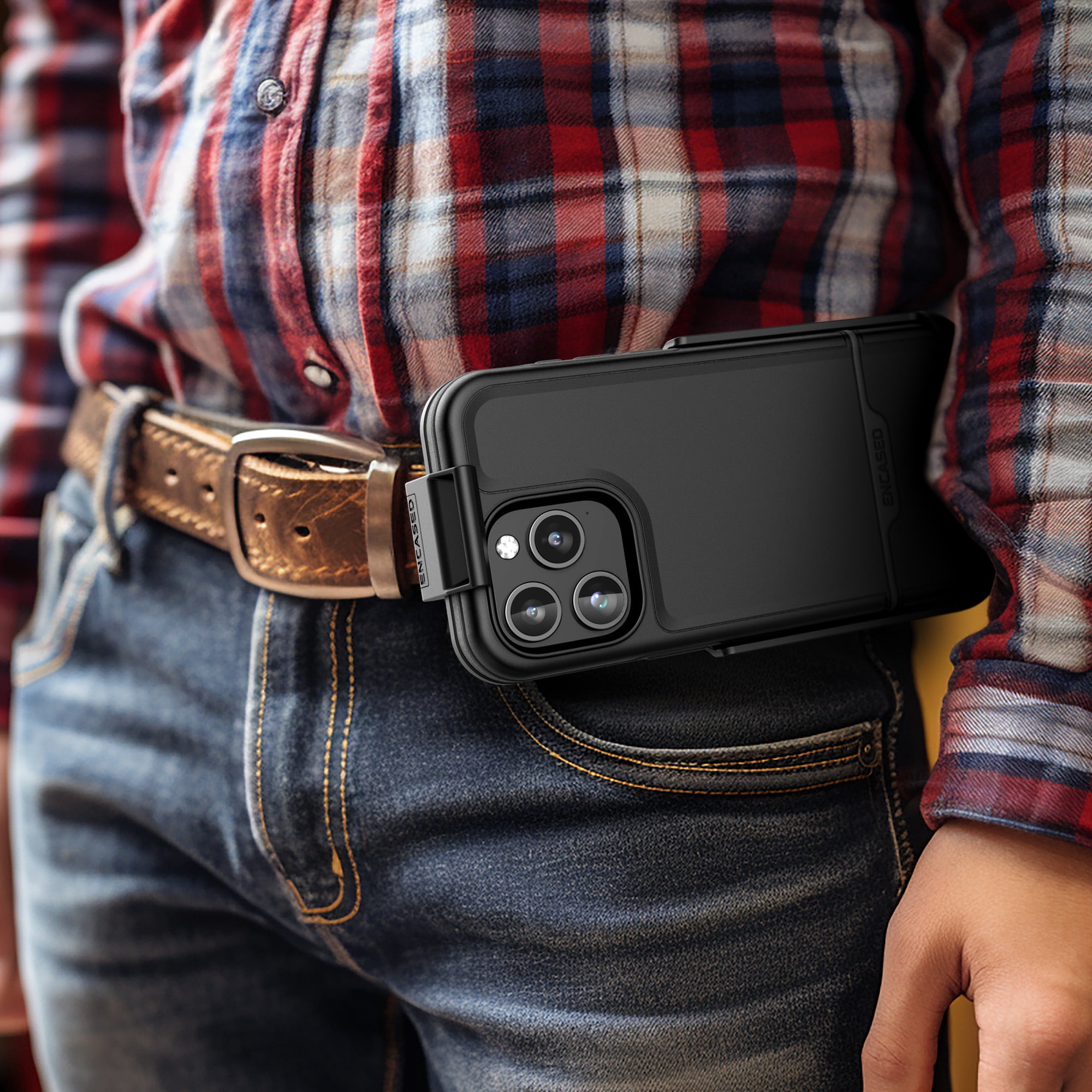 Encased Rebel Designed for iPhone 15 Pro Max Belt Clip Case, Protective Shockproof Phone Case with Holster (Black)