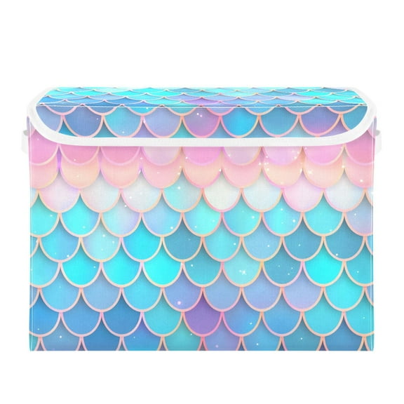 Fish Scales Dreamy Color Foldable Storage Bin with Lid and Handle Collapsible Storage Box 16.5 x 12.6 x 11.8 inches