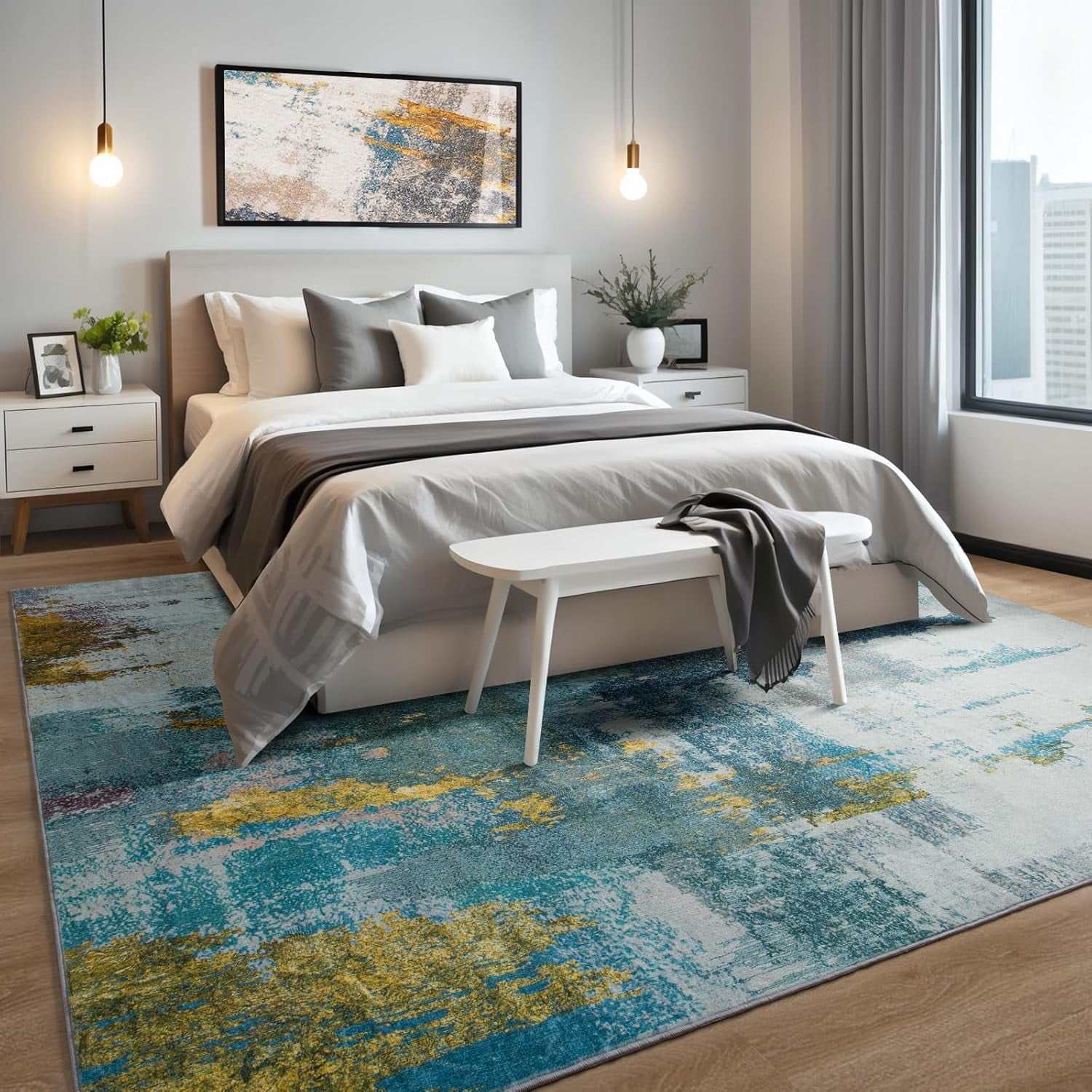 Lochas Modern Vintage Abstract Rug Fluffy Area Rugs Soft Carpet for Living Room Bedroom Home Decor,5'x7',Blue