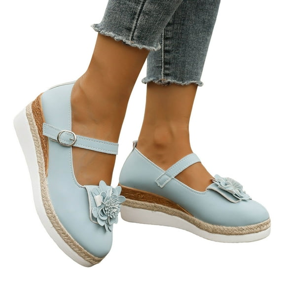 Womens Platform Wedge Mary Jane Dress Shoes Vintage Flower Leather Espadrilles Chunky Heeled Dressy Loafers