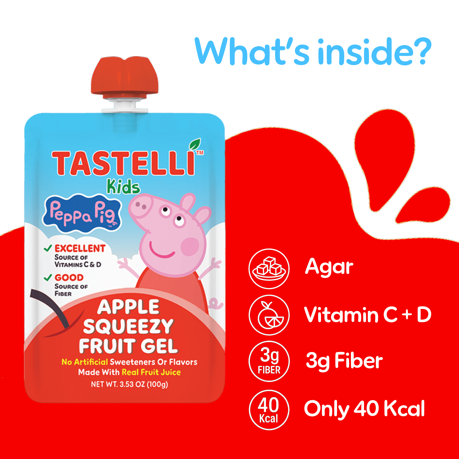 (2 pack) Tastelli Peppa Pig Kids Squeezy Fruit Gel – Apple Flavor – No Artificial Sweeteners or Flavors, Made with Real Fruit Juice, Fiber-Rich Prebiotic Gut Support - 4 Count