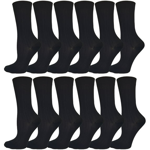 Boys Dress Socks, 12 Pairs, Comfort Soft Stretchy Kids Crew Sock, Ribbed Stylish Nylon Bulk Pack (Ribbed Black, Large (5-7))