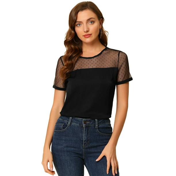 INSPIRE CHIC Blusa De Lunares De Manga Corta Con Cuello Redondo Y Panel De Malla Para Mujer Negro XL