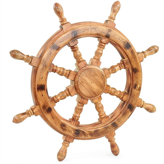 Nautical Wooden Ship Wheel Handcrafted Premium Heavy Wall Decor Accents & Sculptures | Rustic Primitive Antique Finish | Wall Hanging Ideas | Maritime Captain's Ocean Themed Gifts (Ochre) (24 Inches)