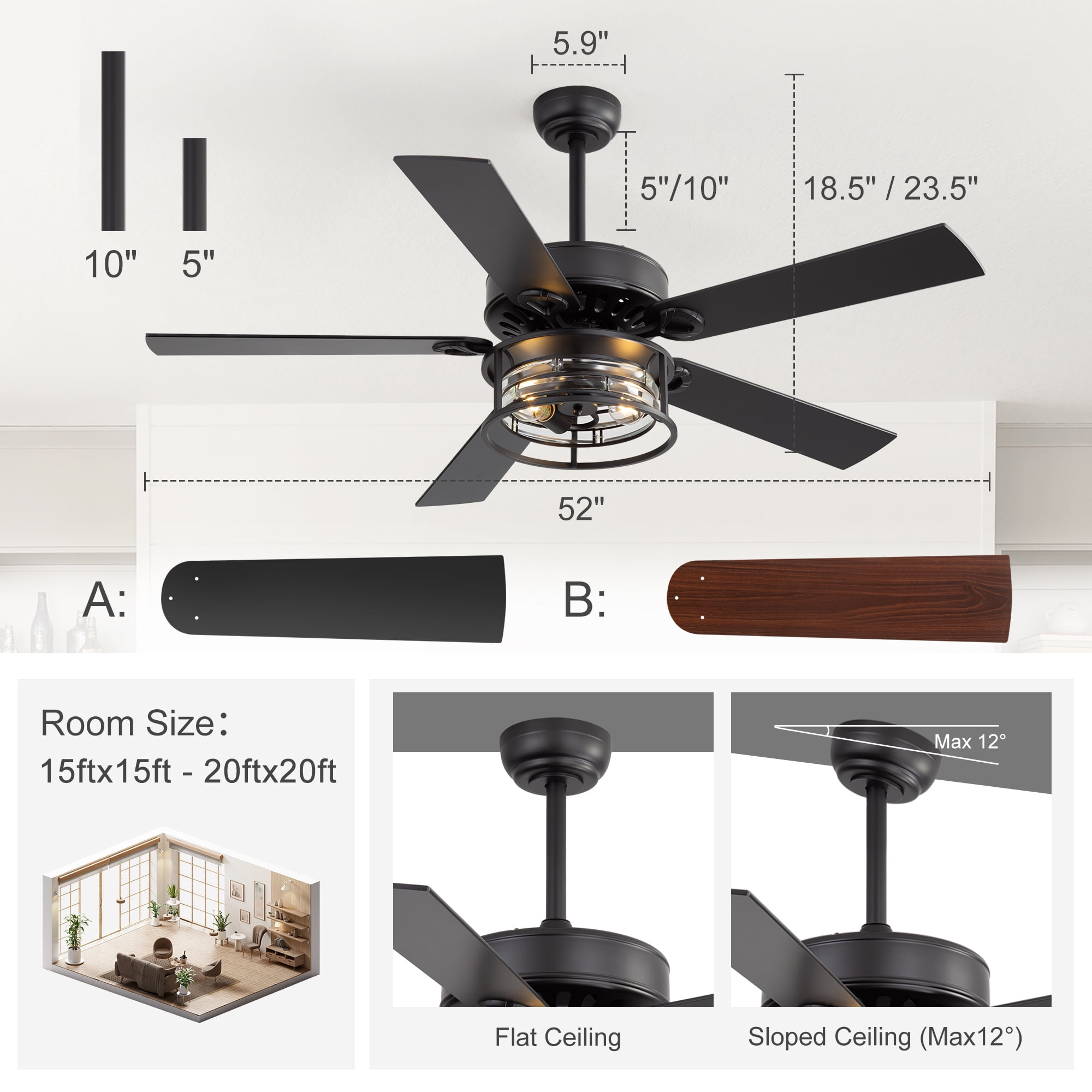 ALKAFY 52 inch Matte Black Traditional Ceiling Fan with Light - Remote, for Bedroom/Living Room/Kitchen