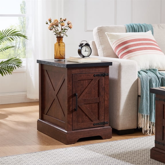Hommoo Farmhouse End Table Nightstand with Barn Door and Adjustable Storage Shelf, Sofa Side Table for Living Room, Bedroom, Oak