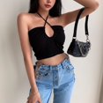 thumbnail image 4 of VISgogo Chaleco de color sólido a la moda para mujer Sexy Cross Hollow Exposed Navel Tie-up Halter Tops VISgogo moda, 4 of 5