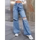 thumbnail image 4 of Pantalones Vaqueros Rotos de Cintura Alta para Mujer, Desgastados, Holgados, Rectos y de Pierna Azul Medio L, 4 of 9