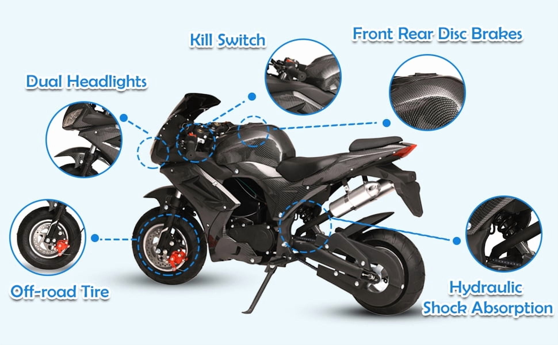 Korogimeeet Gas Powered Black Mini Street Bike 49cc 4-Stroke, Hand-Pull Start, Hydraulic Suspension, 6.5 Inch Tires, 25MPH Max Speed, 60 Min Range, 200kg, 47 x 28 x 22 Inch