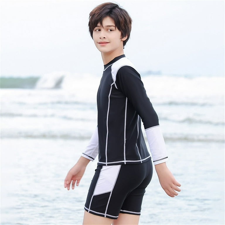 Boys Sporty Swimwear Two-piece Long Sleeve Rashguards Teenagers Surf Swim  Suit