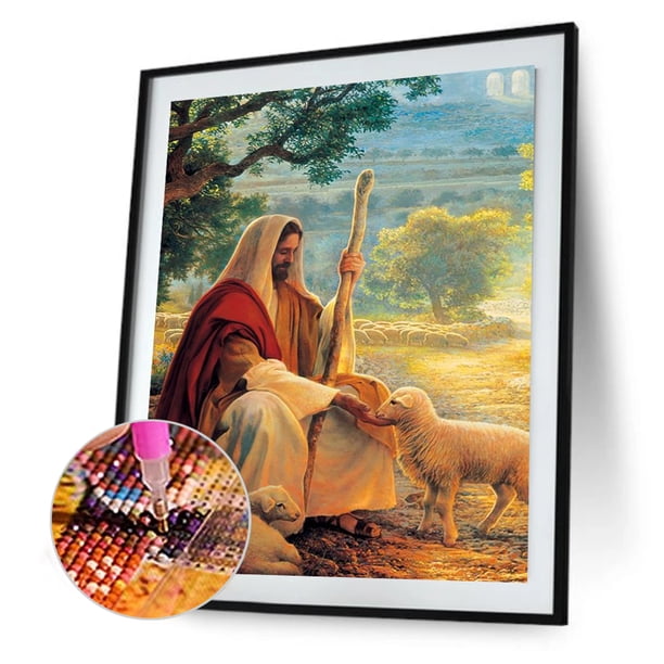 Cuadros Decorativos Kit de pintura de diamantes 5D DIY imagen de mosaico de Wdftyju pared de Jesús y cordero taladro redondo completo