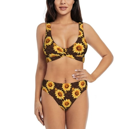 Zeuib Chocolate Plaid Sunflower A High Waisted Tummy Control Bikini Set - Knot Front Push Up Top & Cheeky Thong Bottom  Two-Piece Swimsuit for Women-Large