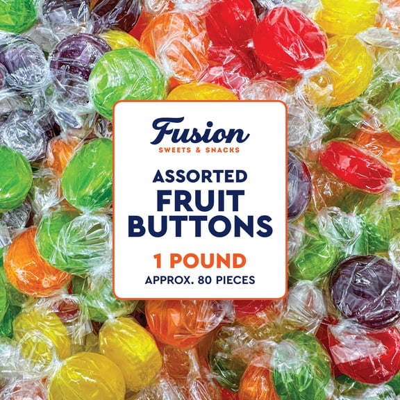 Assorted Fruit Buttons Hard Candy - 1 Pound Bulk Bag (Approx 80 Pieces) - Individually Wrapped Fruit Discs Hard Candies