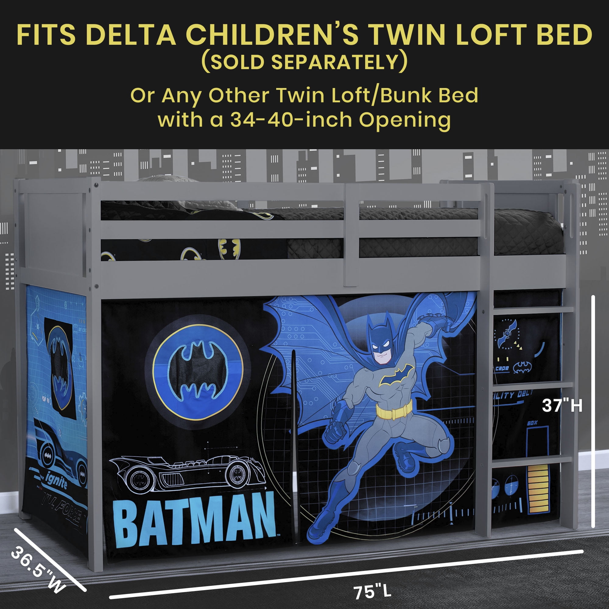 Batman Loft Bed Tent by Delta Children - Curtain Set for Low Twin Loft Bed (Bed Sold Separately)
