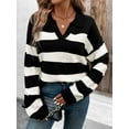 thumbnail image 3 of Women'S Sweater Loose Long-Sleeved Lapel Knitted Top Sweater Striped Contrast Color Pullover Black S, 3 of 8