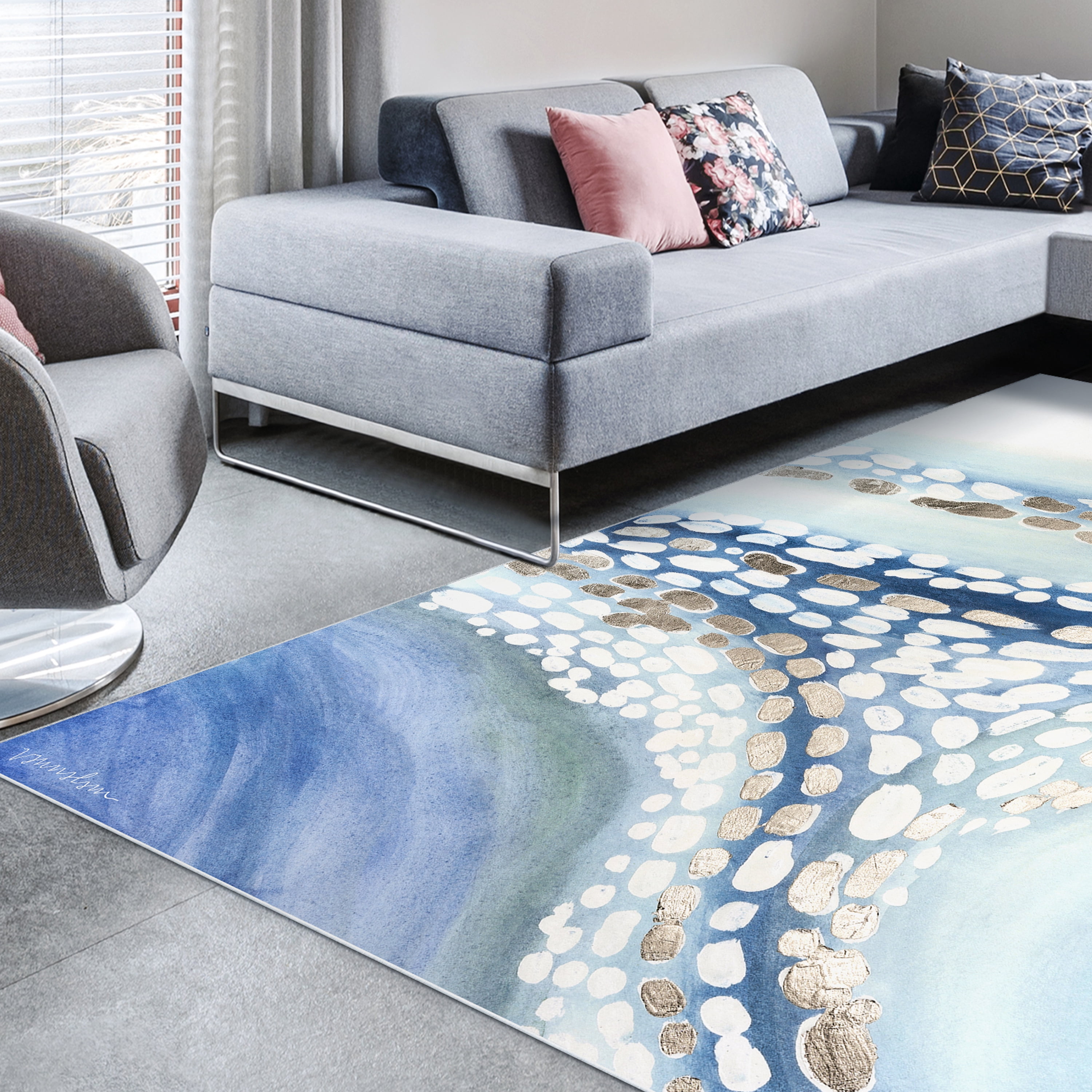 Teeming II Washable Abstract Blue Art Area Rug size 8'x10', Power-loomed, Heavenly Softness with Non-Slipping Backing