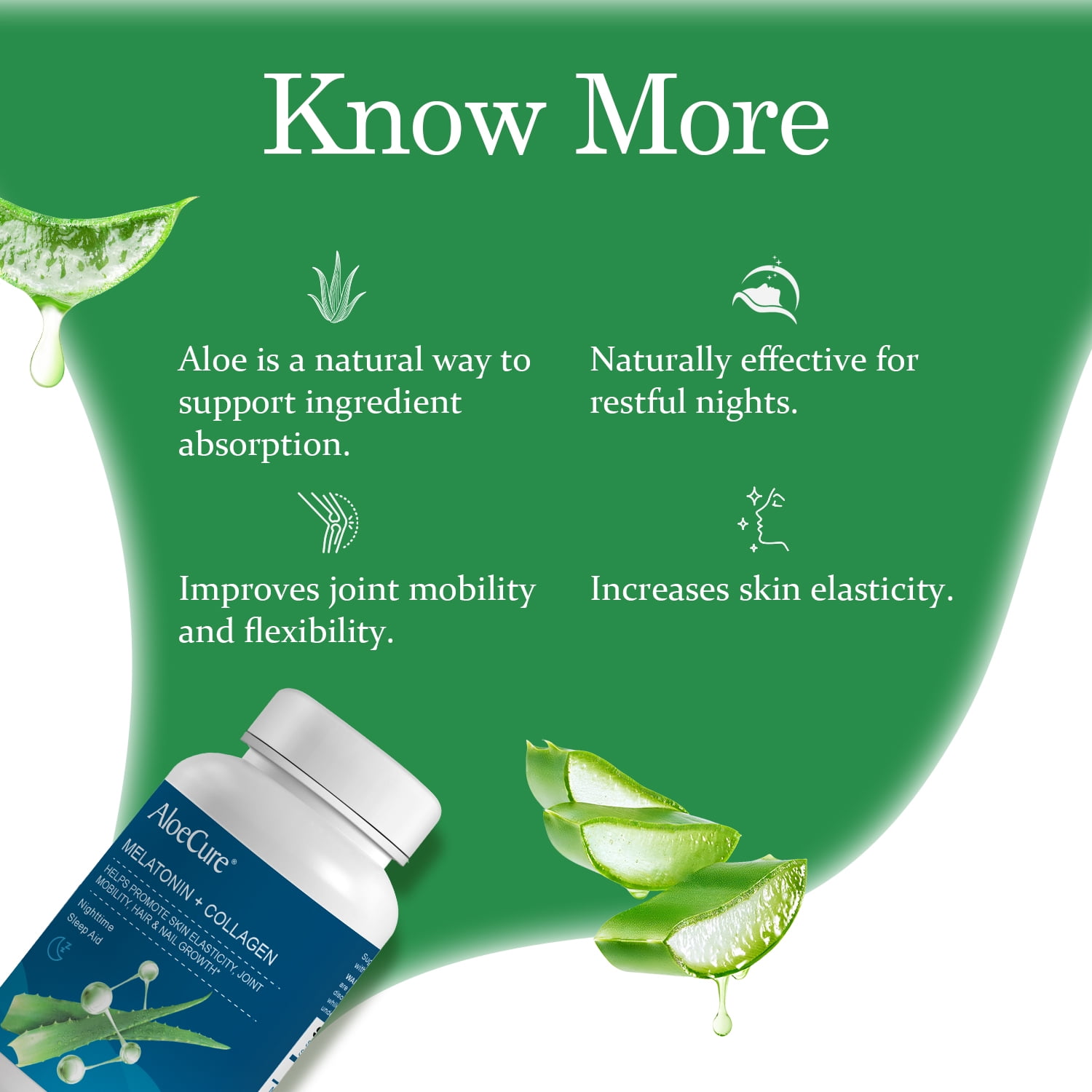 AloeCure Natural Melatonin + Collagen with Organic Aloe Vera - Natural Sleep Aid Supplement for Restful Nights - Collagen Complex for Joint Strength, Skin Elasticity, Hair & Nail Growth, 30 Caps x 6