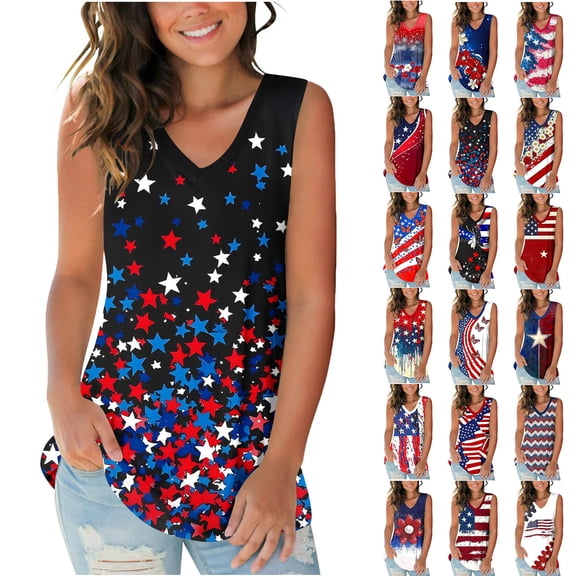V Neck Sleeveless Star Print Tanks for Women Edgy American Flag Graphic Loose Fit Tops Independence Day Party Casual Vests