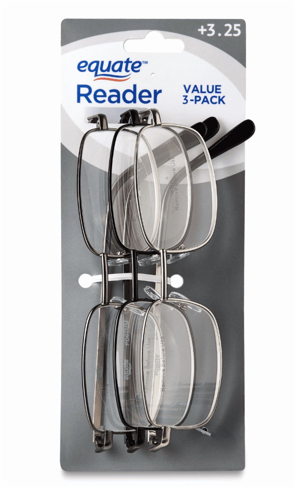 Equate Unisex Council Rectangular Reading Glasses, Dark Gunmetal/Light Gunmetal/Black, +3.25, 3 Pack