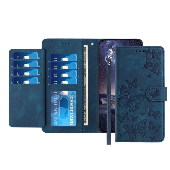 TECH CIRCLE Stylish Wallet Case for iPhone 17, Built-in 8 Card Slots/1 Cash Slot, Stand Function, with Wrist Strap, Cute Embossed Butterfly PU Leather Flip Case, Darkblue