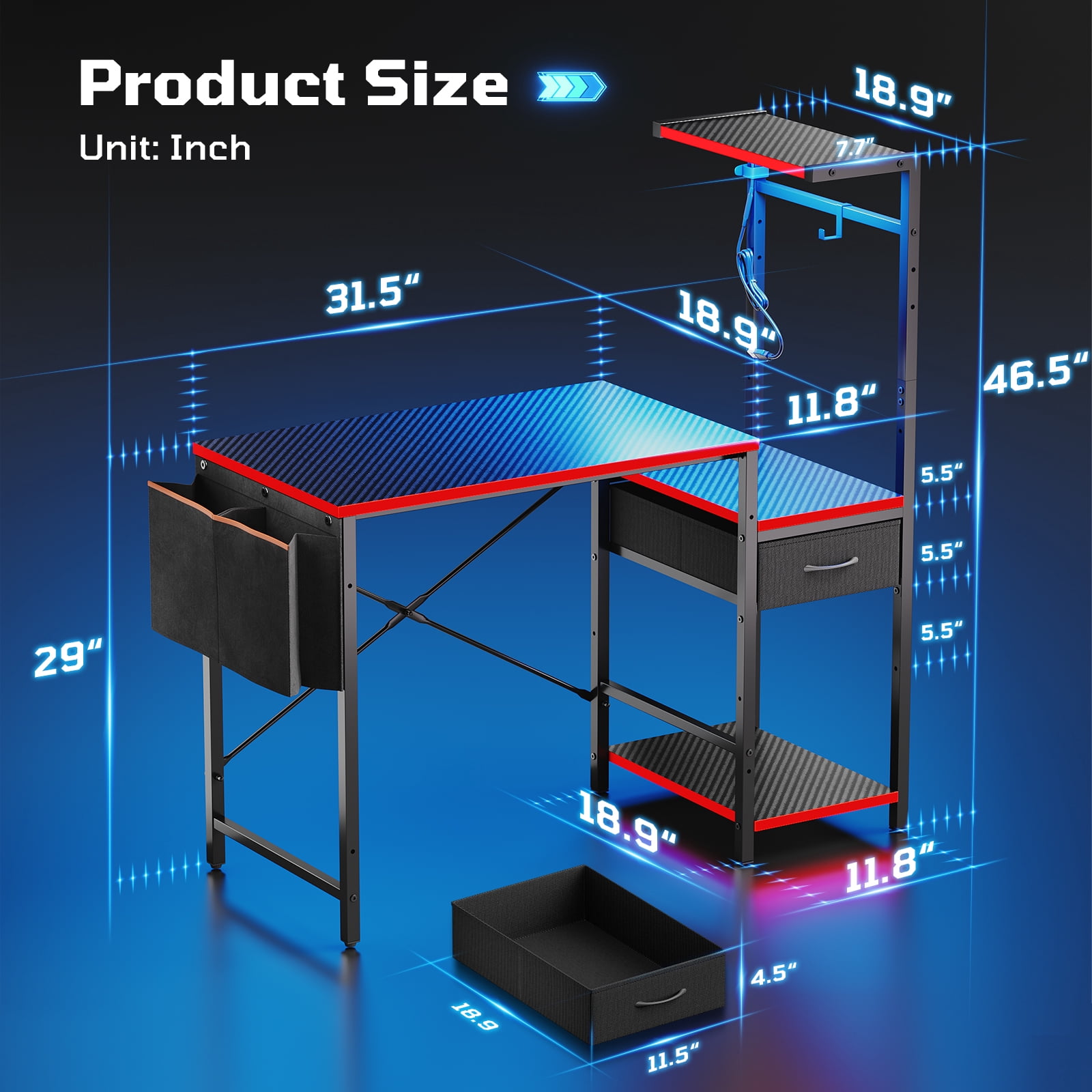 Bestier LED Gaming Desk with Drawer, 44'' Computer Desk with Reversible Shelves, PC Gamer Desk with Side Storage Bag, Hooks and Height Adjustable Shelf for Home Office, Red